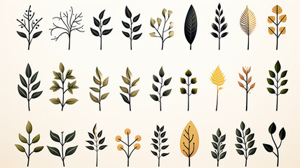 set, collection of simple leaves and branches isolated on a white background, minimalism flat graphics for design, black and white style