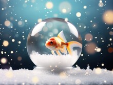 Goldfish Inside A Snow Globe With Colorful Lights And Snowflakes Background
