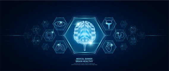 Brain healthy. Human organs icon symbols. Medical science banner design template. Health care medical check up too innovative futuristic digital technology. Examining organ and heart pulse. Vector.
