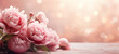Summer gradient background delicately decorated with a few pink peonies and leaves on the left side pastel colors, beautiful bokeh, very gently, empty space on the right side