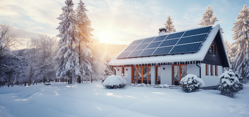 Solar panels on a house in the winter season. Aesthetic cartoon image pretty sunlight snow