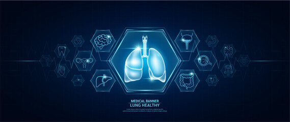 Lung healthy. Human organs icon symbols. Medical science banner design template. Health care medical check up too innovative futuristic digital technology. Examining organ and heart pulse. Vector.