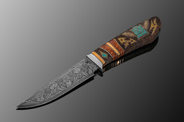 forged sharp handmade knife with multilayer steel with a wooden handle inlaid with gold