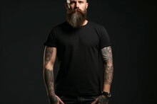 Mockup White Isolated Cotton Thin Premium Shirt T Blank Black Poses Hands Tattooed Man Biker Bearded Attractive Brutal T-shirt Clothing Design Template Background Mock Casual Attire Front