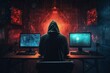Mysterious hacker wearing a dark hooded sweatshirt sitting in front of computer monitors, attempting to hack into a highly protected company - generative AI
