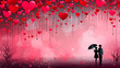 minimalistic valentines day background with couple walking under rain of hearts. Neural network generated image. Not based on any actual scene or pattern.