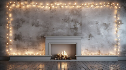 christmas fireplace decoration with lights glowing on a gray background wall