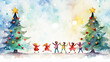 row of children holding hands and dancing round dance around  Christmas tree, watercolor illustration holiday happiness in the new year
