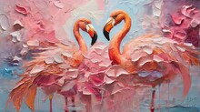 “Fluorite” - Oil Painting. Conceptual Abstract Picture Of The Pink Flamingo . Oil Painting In Colorful Colors. Conceptual Abstract Closeup Of An Oil Painting And Palette Knife On Canvas.