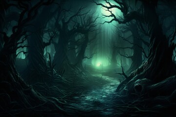 Wall Mural - Eerie forest with twisted trees and glowing eyes