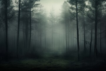 enigmatic and mysterious wallpaper background with a fog-covered forest