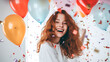 © Свет Лана - A happy woman with colorful balloons smiles and dances under falling confetti.