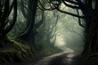 Mist-shrouded forest path leading to a world of secrets and beauty