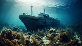 sunken ship landscape on the seabed, underwater view shipwreck artificial reef abstract fictional graphics