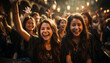 © Jemastock - Young adults enjoying a cheerful night at a music festival generated by AI