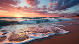 Fototapeta  - Sunset over the tranquil coastline, nature beauty reflected in water generated by AI