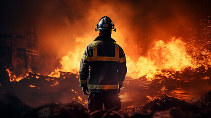 Wall Mural - one firefighter, a man on fire, a view from the back, against the background of a burning fire in a fire, fiction, computer graphics