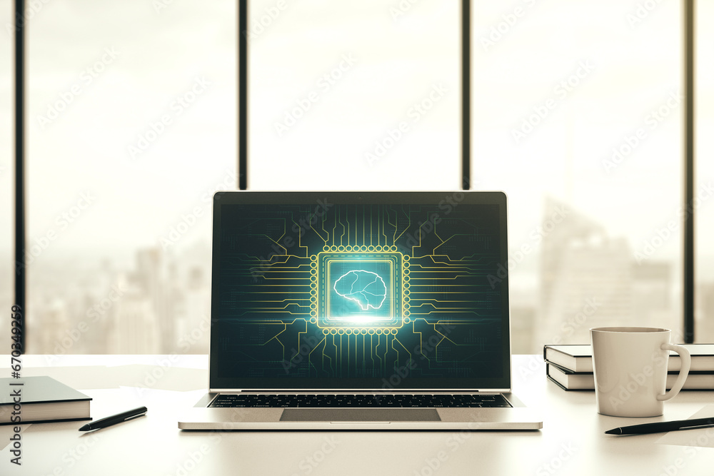 Modern computer monitor with creative artificial Intelligence symbol ...