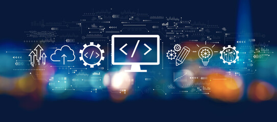 Wall Mural - web development concept with blurred city lights at night