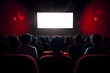 empty movie theatre screen mock up, modern cinema with people on red seats