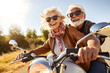 © sam - Close up view of a senior couple riding a motorbike on a sunny summer day on open road