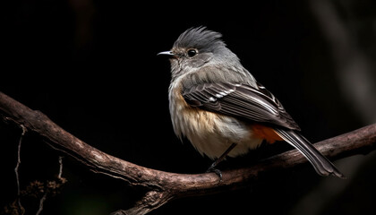 Canvas Print - A small nuthatch perching on a branch, looking into the forest generated by AI