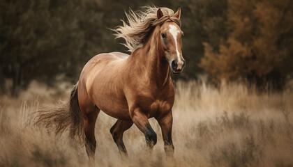 Wall Mural - Running stallion in meadow, freedom and beauty in nature generated by AI