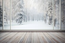 Cozy Winter View Into Forest From Wooden Terrace Floor Generative AI