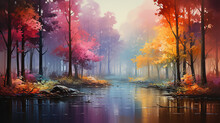 Landscape In A Fabulous Forest, Rainbow Spectrum Of Colorful Autumn Trees In Unusual Neon Lighting, Fog Background Autumn Fantasy