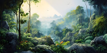Watercolour Painting Of The Jungle Landscape, A Picturesque Natural Environment In Soft Harmonious Colours