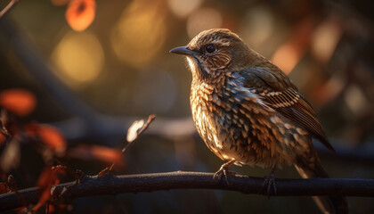 Canvas Print - Cute blue starling perching on branch, looking at camera generated by AI