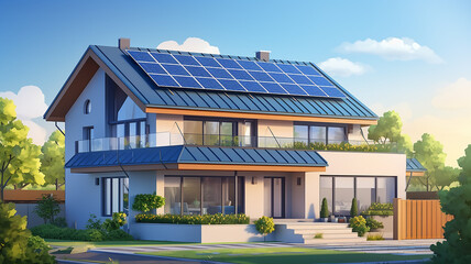 Wall Mural - modern cottage with solar panels on the roof design project real estate of the future green transition