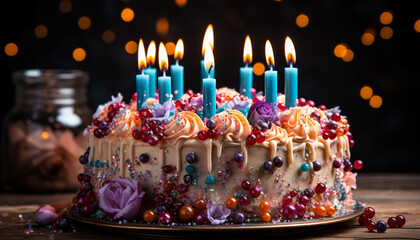 Poster - Birthday cake with candles, chocolate icing, and sweet strawberries generated by AI