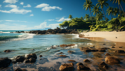 Sticker - Tropical sunset tranquil waters, palm trees, and serene coastline generated by AI