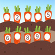Write the missing numbers in carrots. Children's educational game. Score 1-10.
