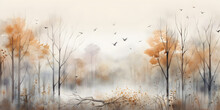 Watercolour Drawing Forest Pattern Landscape Of Dry Trees In Autumn With Birds And Fog Background