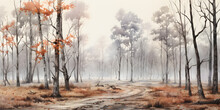Watercolour Drawing Forest Pattern Landscape Of Dry Trees In Autumn With Fog Background