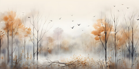 Wall Mural - watercolour drawing forest pattern landscape of dry trees in autumn with birds and fog background