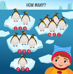 Wall Mural - Counting educational children game, math kids activity sheet. How many objects task. Count how many penguins are on each ice floe.