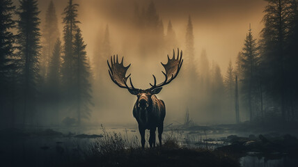 Wall Mural - silhouette of a moose with big horns in autumn fog, wildlife landscape