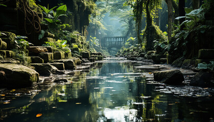 Sticker - Tranquil tropical rainforest reflects beauty in nature green landscape generated by AI