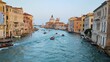 Stunning views of the Venice skyline with the Grand Canal and the Basilica of Santa Maria della Salute in the distance during a spectacular sunset.