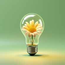 Yellow Daisy Inside Light Bulb Against Pastel Green Background. Minimal Concept