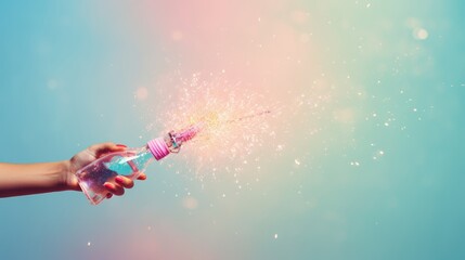 Wall Mural - Woman hand holding party sprinkler against gradient pastel background, copy space