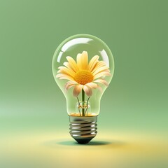 Yellow daisy inside light bulb against pastel green background. Minimal concept