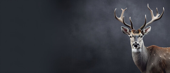 Wall Mural - Front view of a axis deer on black background. Wild animals banner with empty copy space