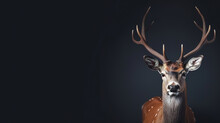 Front View Of A Axis Deer On Black Background. Wild Animals Banner With Empty Copy Space