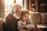 Fototapeta  - An elderly man with a little girl in the room. They hug, have fun and rejoice at the meeting. Meeting of granddaughter and her grandfather. Caring for the elderly. Family values.