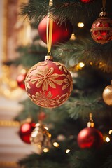 Wall Mural - Close-up vertical shot of decorated Christmas home interior with Christmas tree. Fir tree in golden, red, and colorful baubles, lights with colorful ornaments. celebrating New Year 2024 and Christmas.