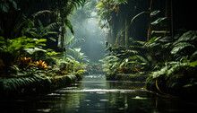 Tranquil Scene Wet Fern Reflects Dark, Mysterious Tropical Rainforest Generated By AI